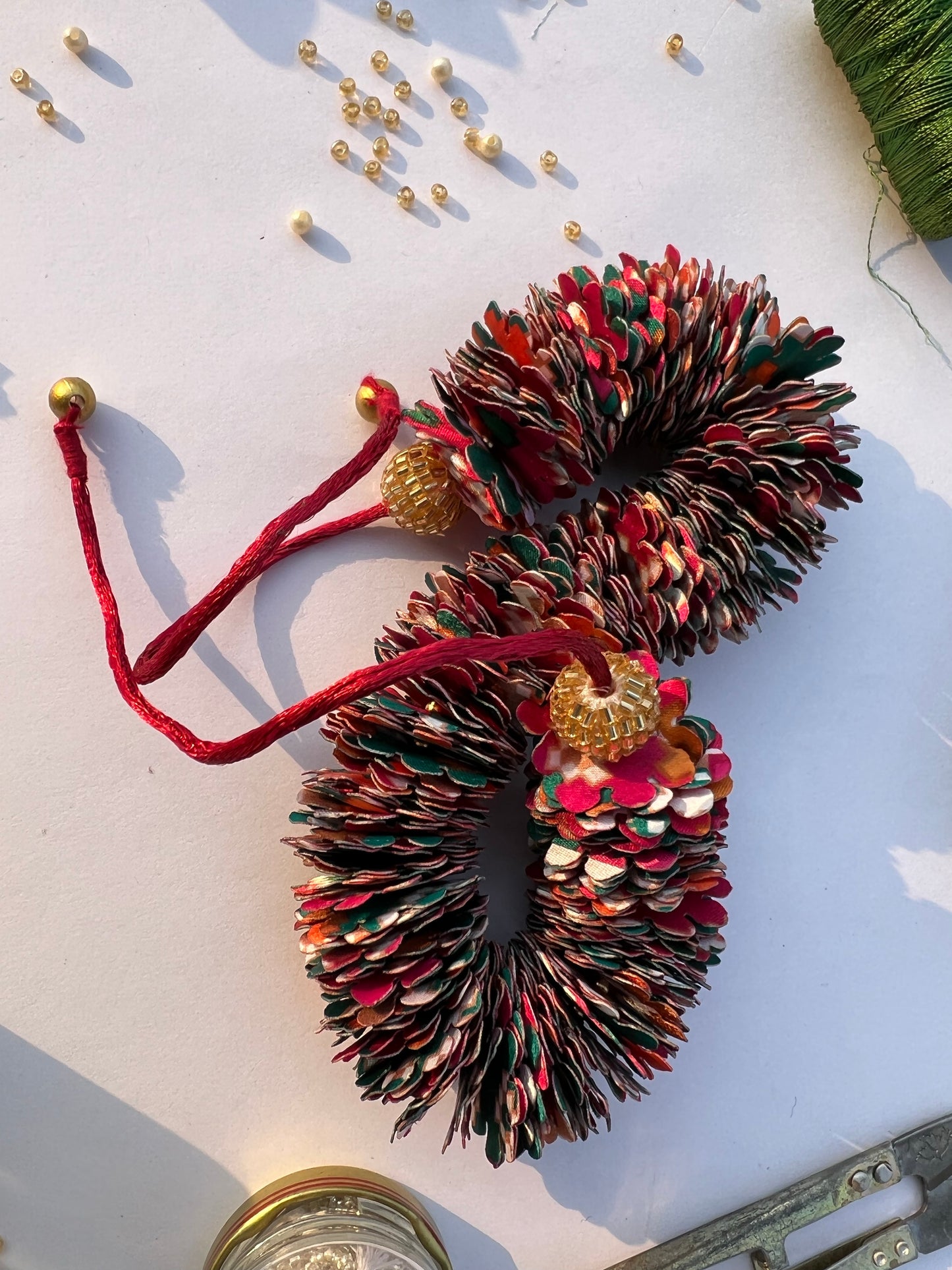 Pink & Bottle Green Navratna Patola Gajra- FLOWER GARLAND FOR HAIR