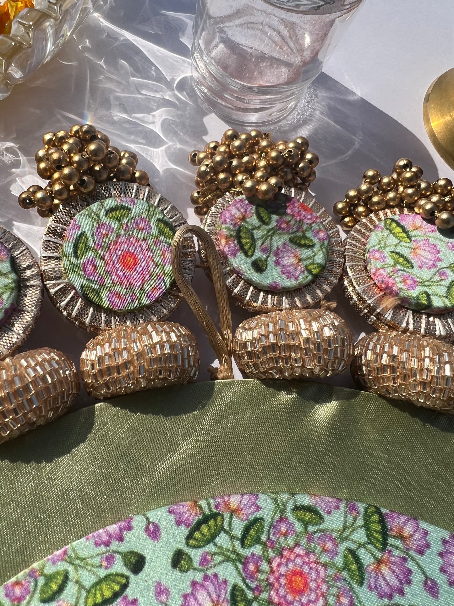 Ajrakh + Pastel Pistachio Inflorescence Divine Pichwai Glass Rhapsody Lumba Rangoli