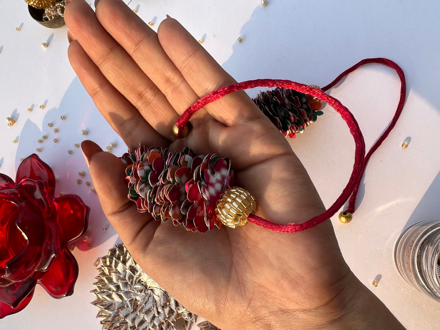 Pink & Bottle Green Navratna Patola Gajra- FLOWER GARLAND FOR HAIR