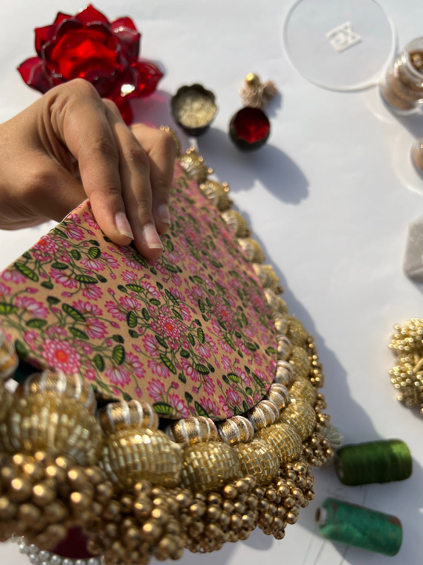 Chandbaali Bottle Green Patola and Inflorescence Pichwai Tasseled Arc Rangoli