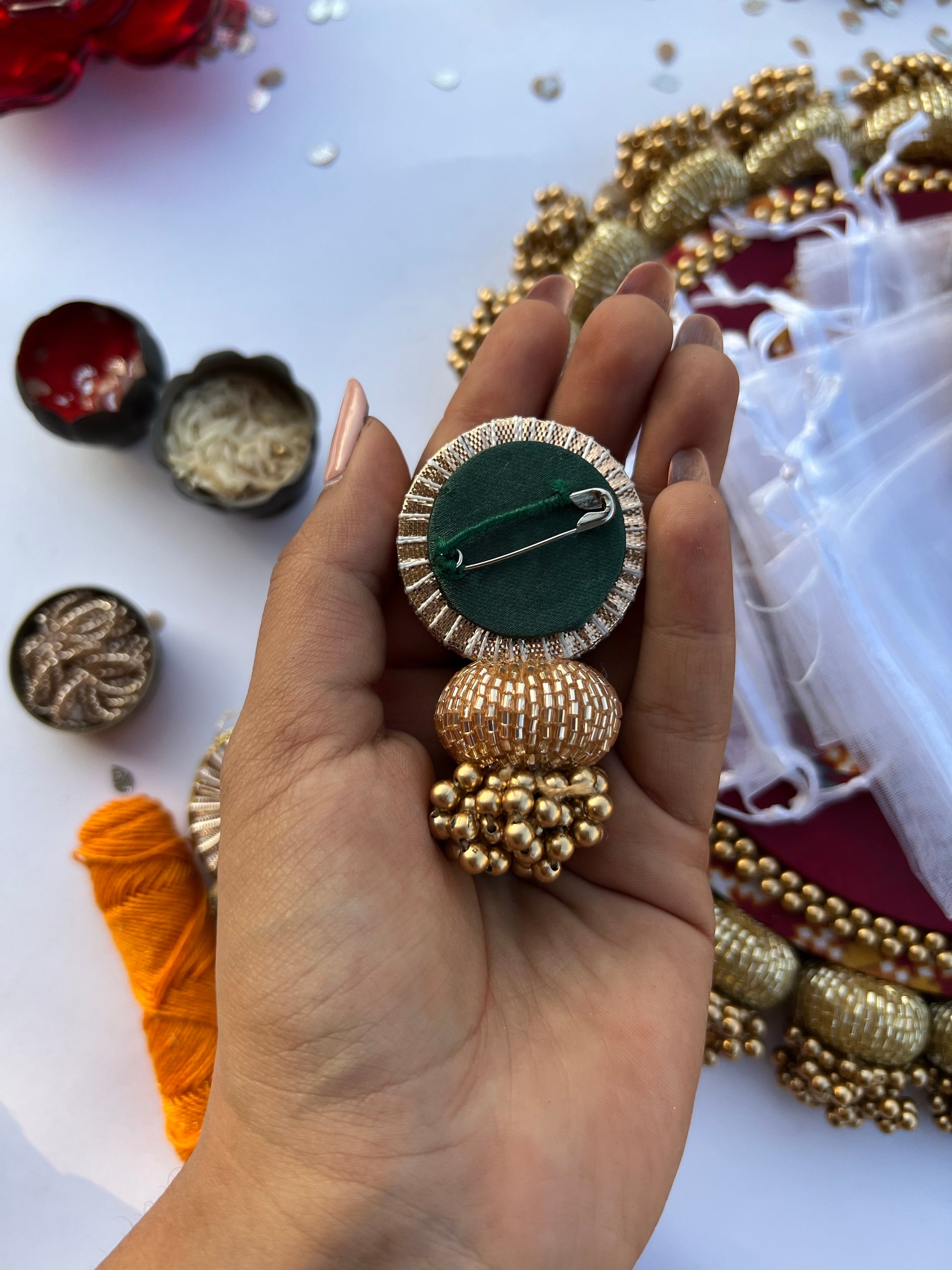 Bottle Green Navratna Patola Signature Brooch