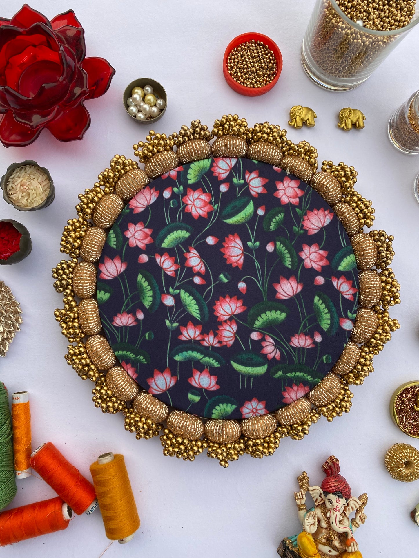 Inflorescence and Pink Colloquial Divine Pichwai Glass Beaded Mini Rangoli