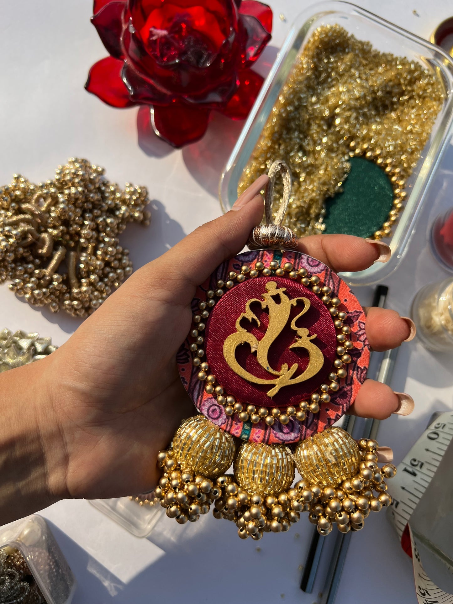 Ganesh Motif Medium Glass Beaded Charm: Congruous Divine Pichwai