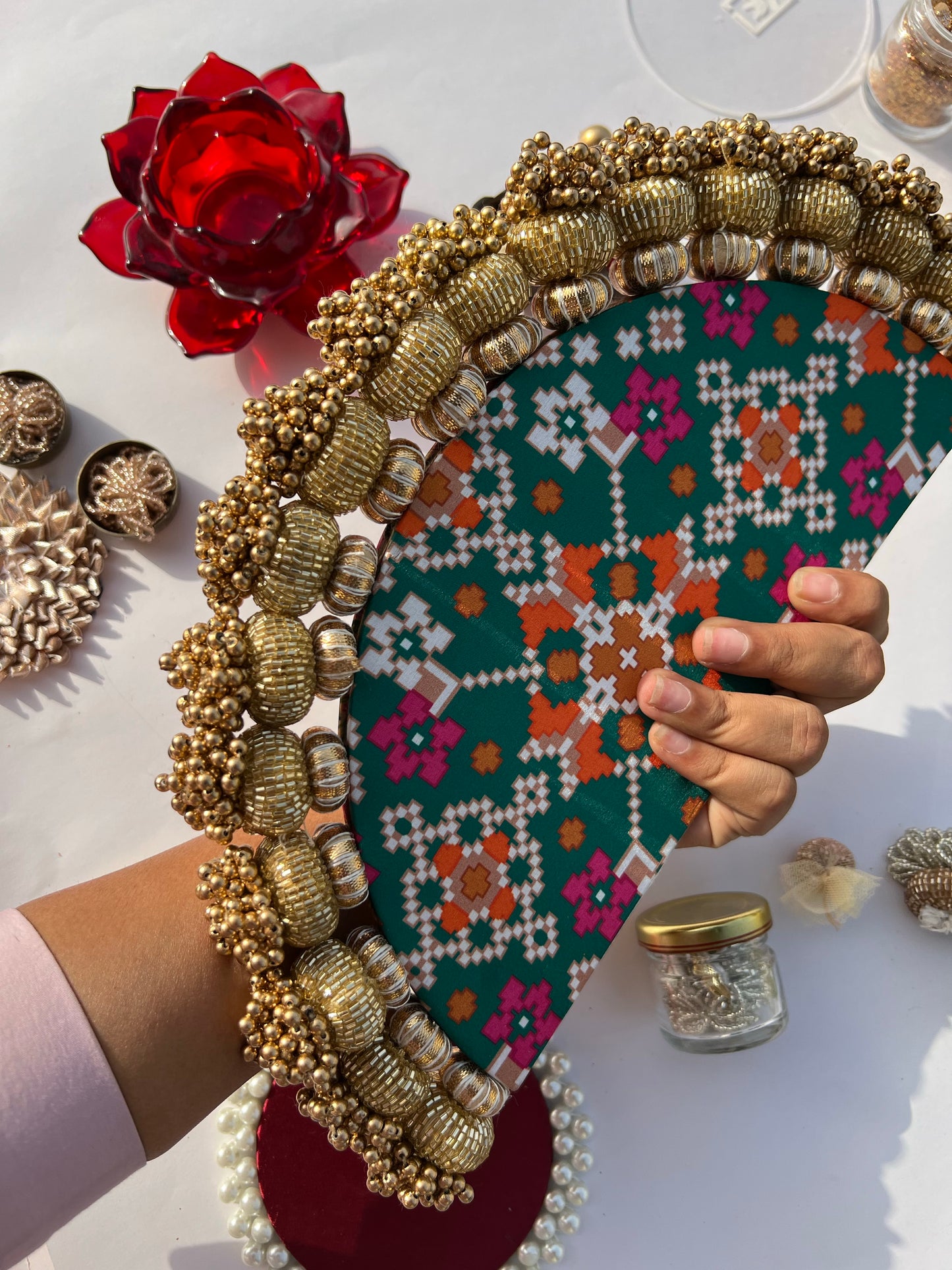 Chandbaali Bottle Green Patola and Inflorescence Pichwai Tasseled Arc Rangoli