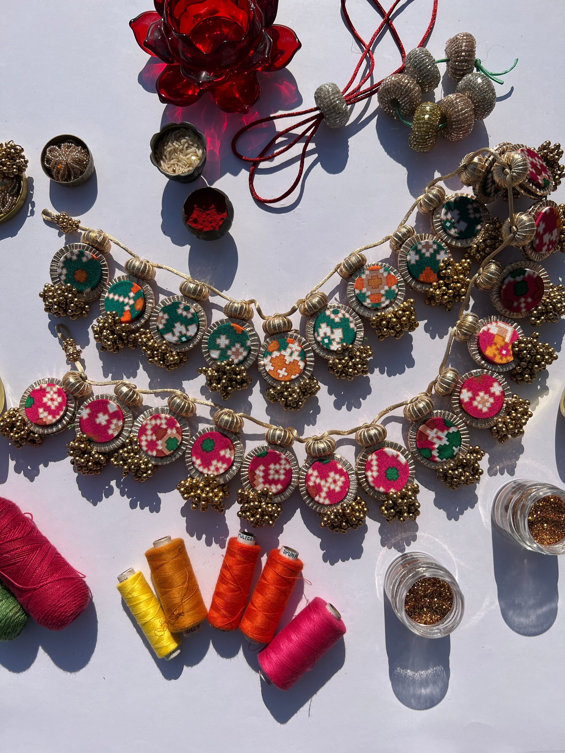 CANNOT NOT LIKE Bottle Green & Pink Navratna Patola Ensemble