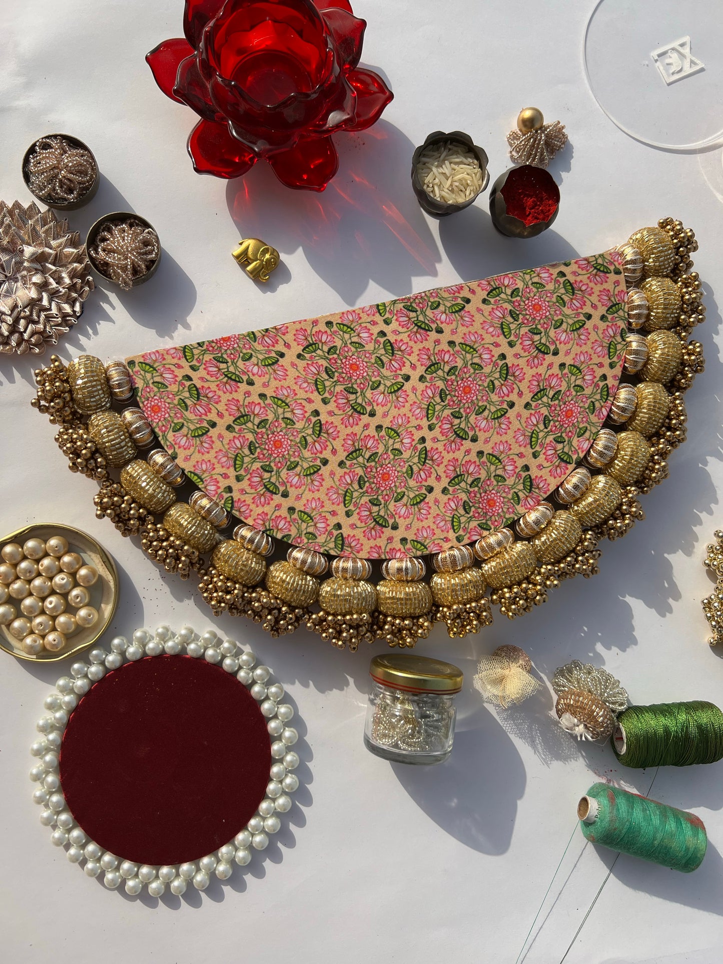 Chandbaali Bottle Green Patola and Inflorescence Pichwai Tasseled Arc Rangoli
