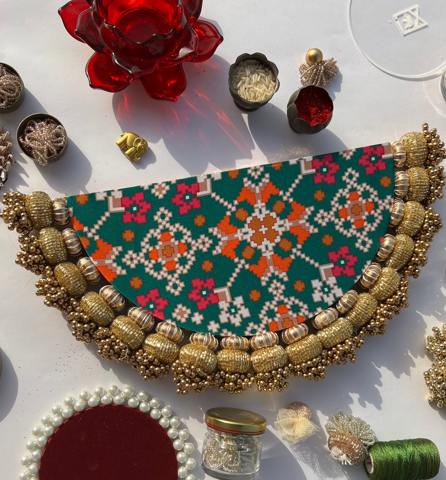 Chandbaali Bottle Green Patola and Inflorescence Pichwai Tasseled Arc Rangoli