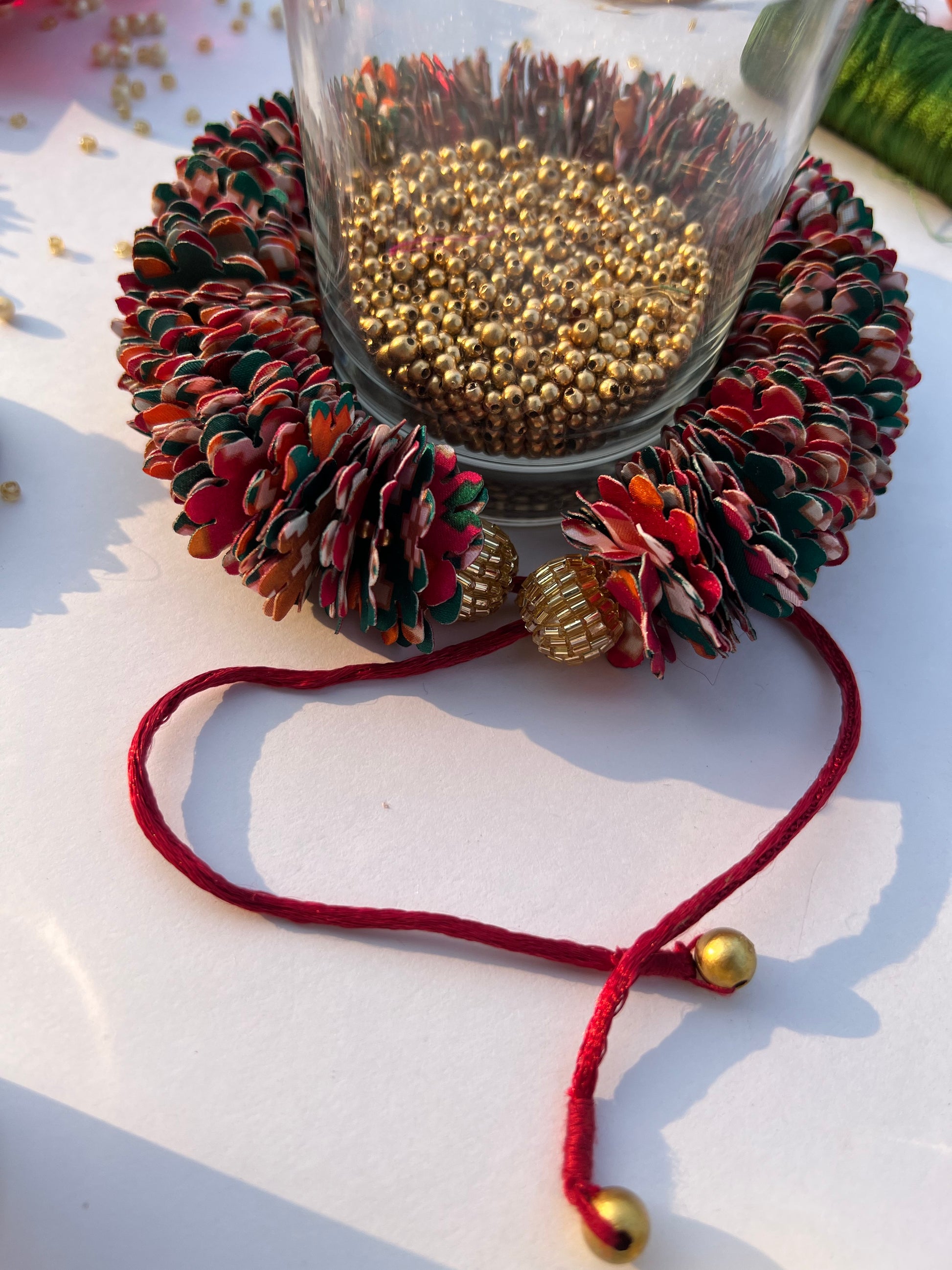 Pink & Bottle Green Navratna Patola Gajra- FLOWER GARLAND FOR HAIR