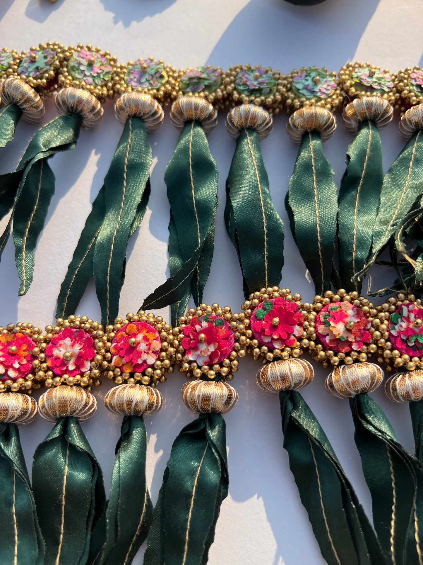 Beaded Mini Asopalav Tradition X Pink Navratna Patola & Pastel Pistachio Inflorescence Divine Pichwai Toran (FLEXIBLE)