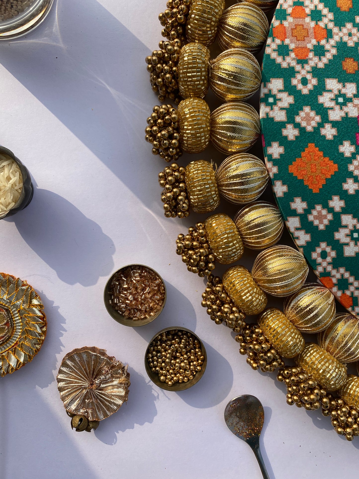 Bottle Green Navratna Patola and Inflorescence Divine Pichwai Tasseled Arc Rangoli