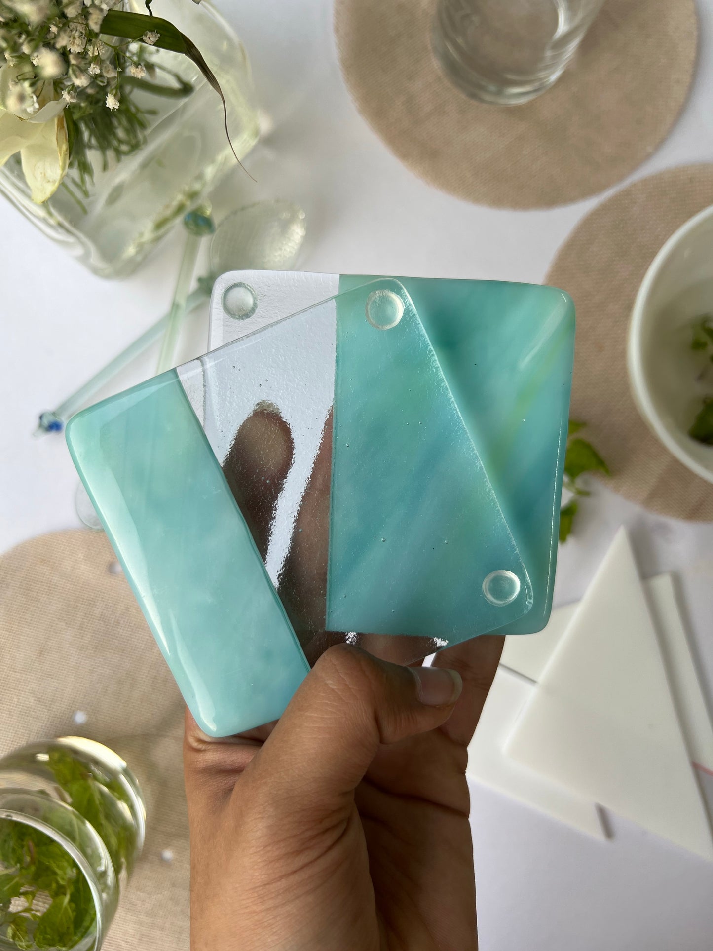 Ice Green & Clear Fused-Glass Coasters