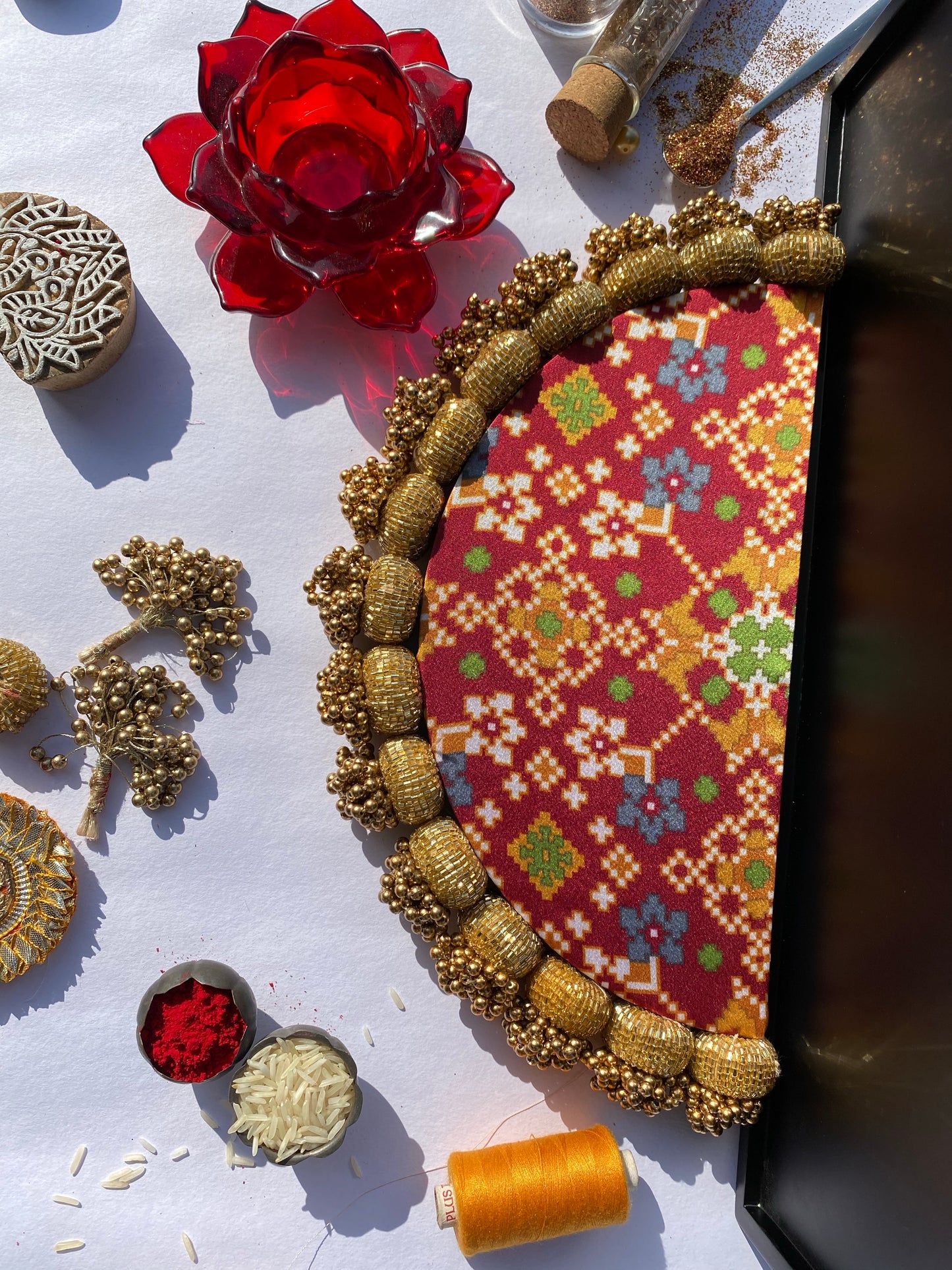 Maroon Navratna Patola & Congruous Divine Pichwai Glass Beaded Arc Rangoli
