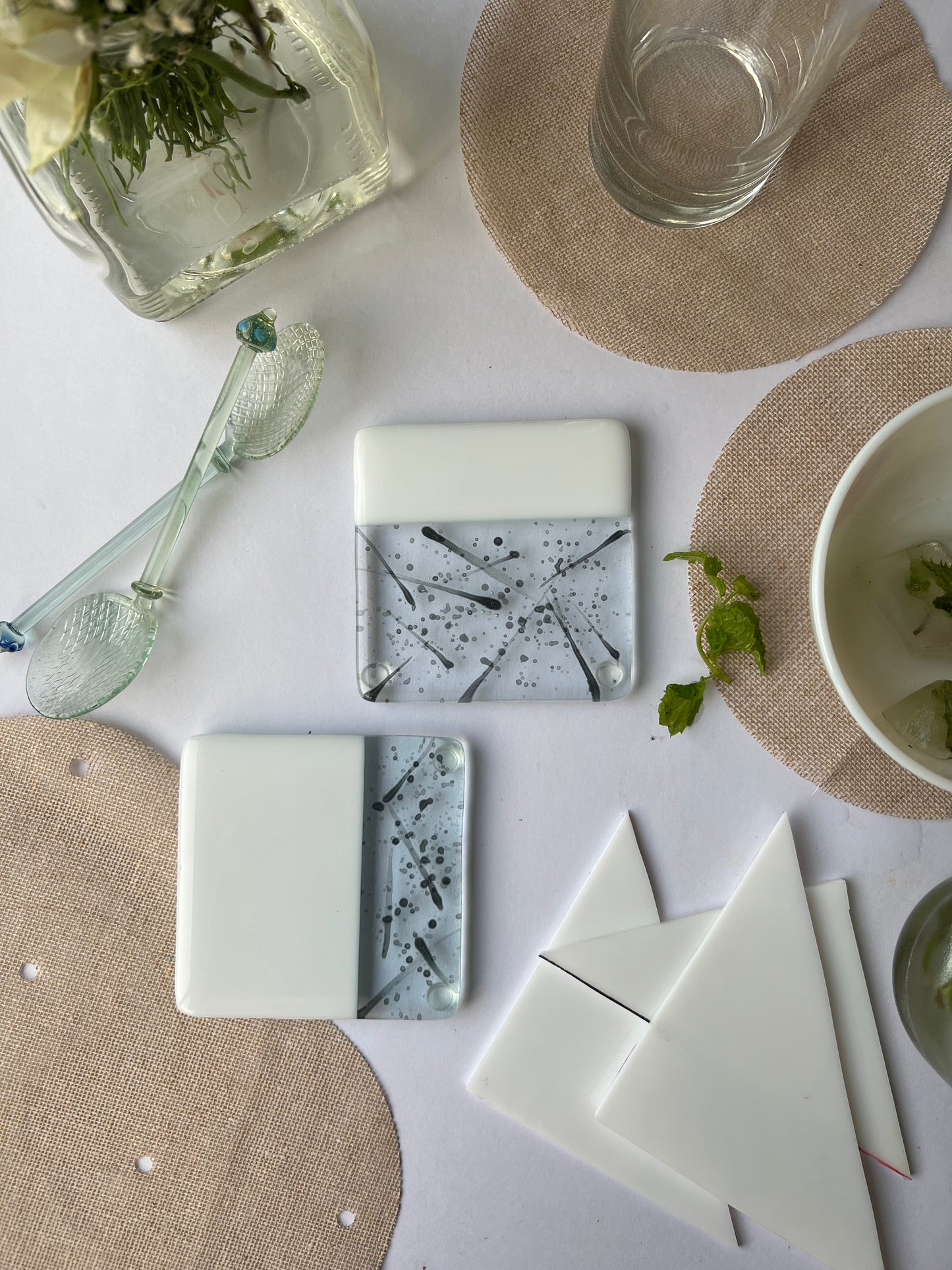Even-steven Splash & Solid Milk White Fused-Glass Coasters