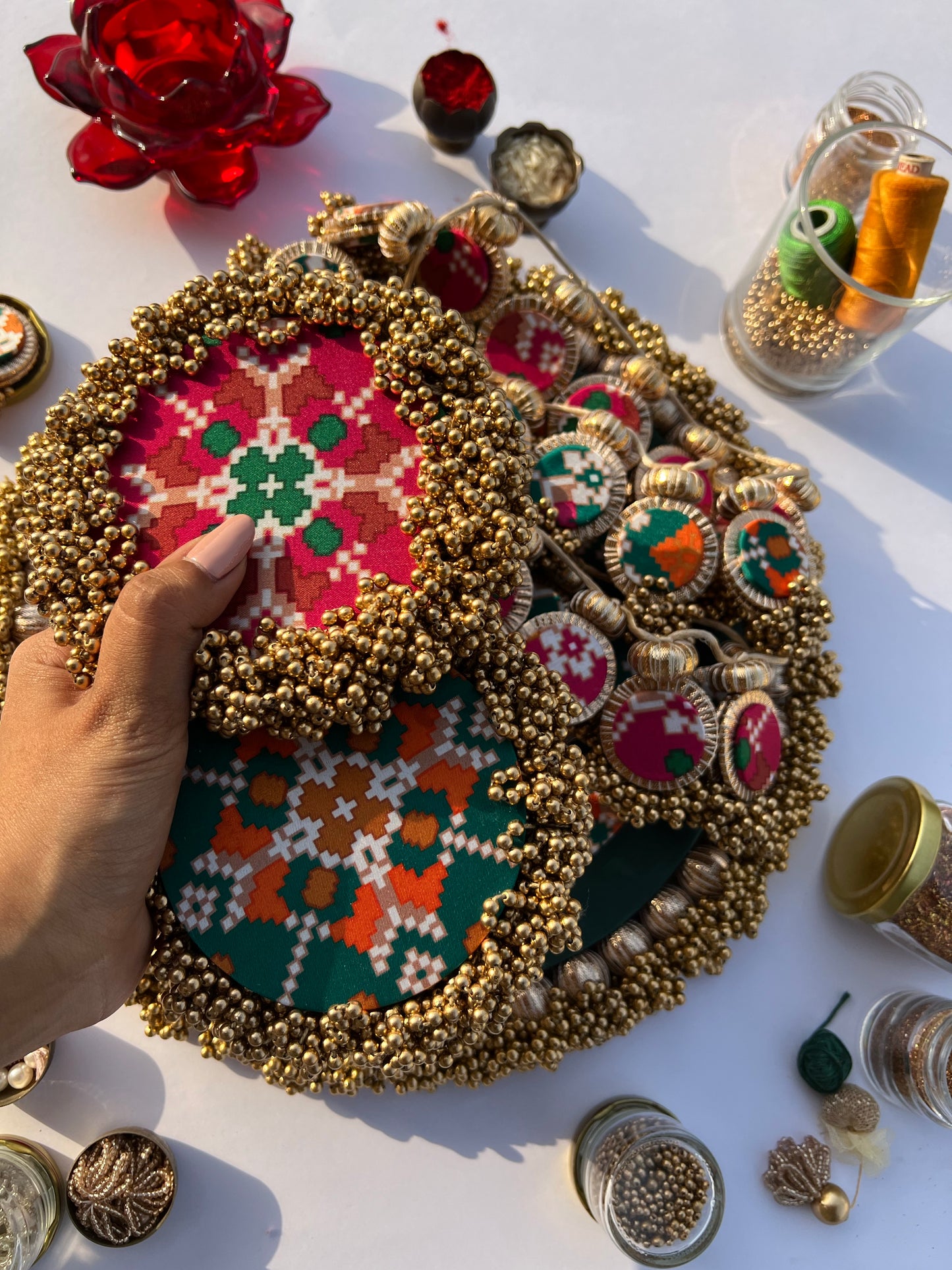 CANNOT NOT LIKE Bottle Green & Pink Navratna Patola Ensemble