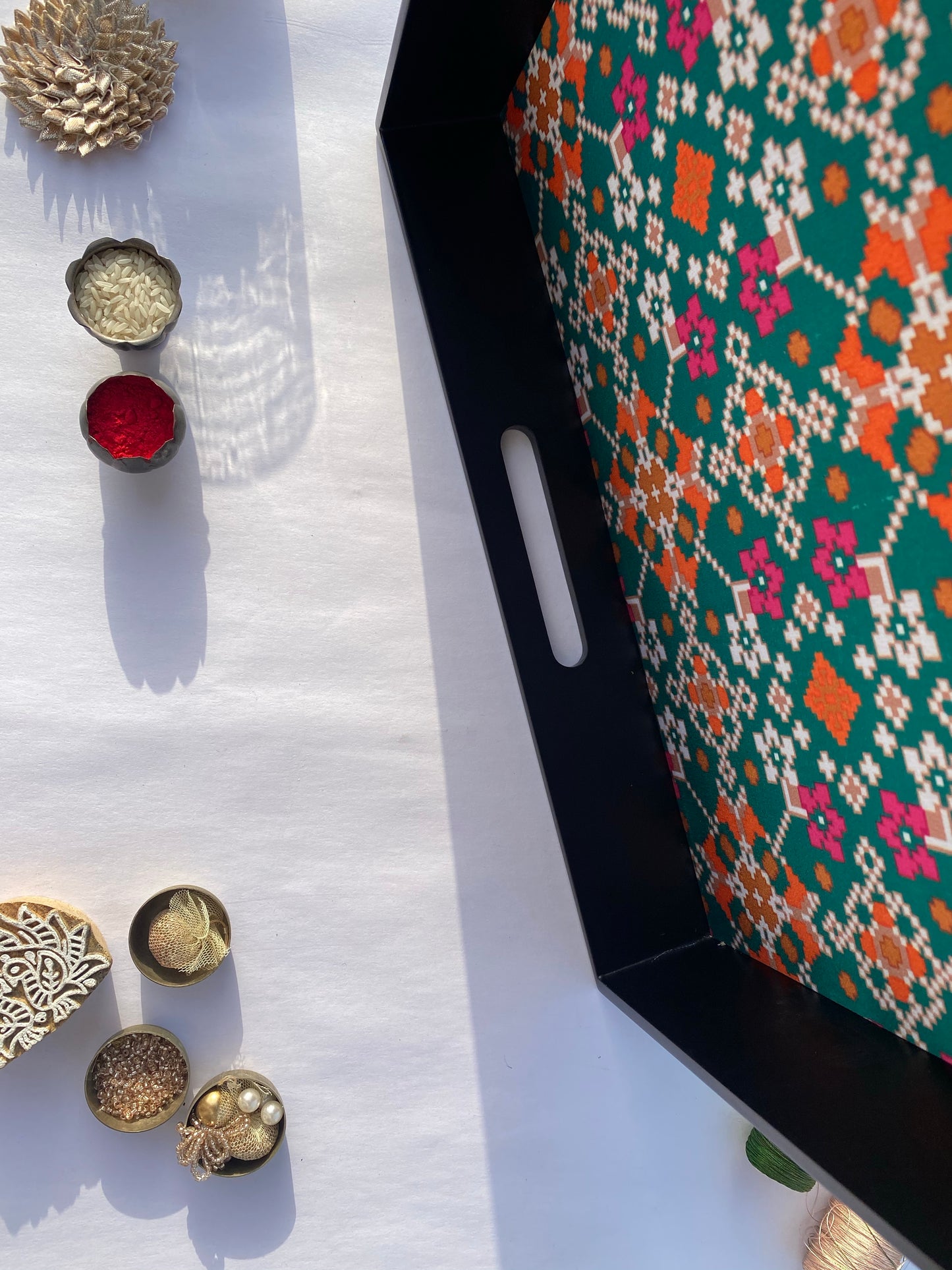 Bottle Green Navratna Patola Square Multi-Purpose Tray