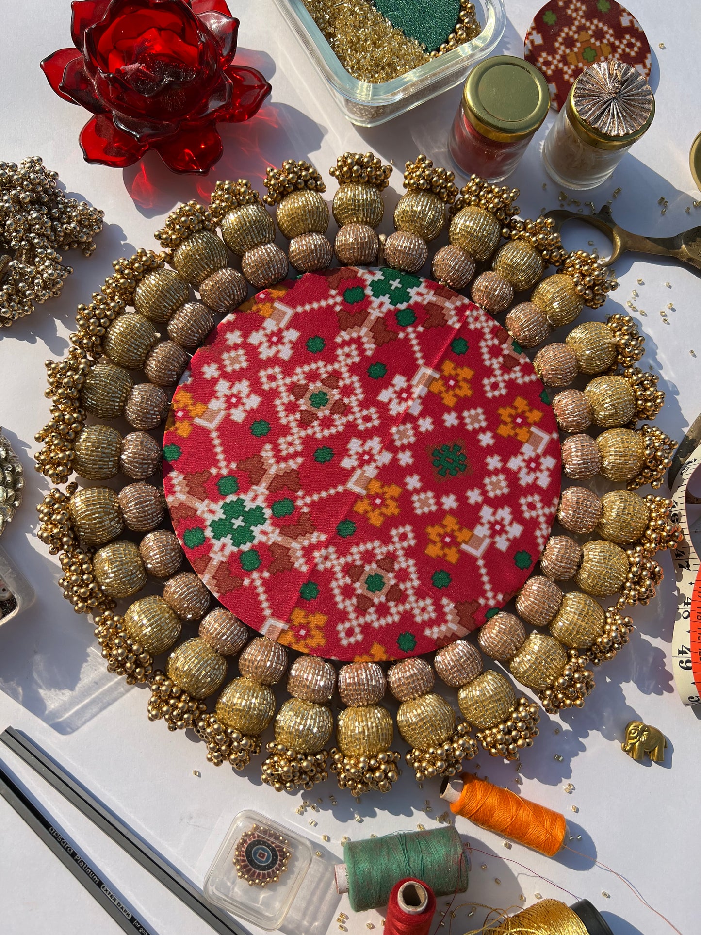 Spherical Chaandbali Pastel Pistachio Inflorescence Divine Pichwai and Pink Navratna Patola Rangoli