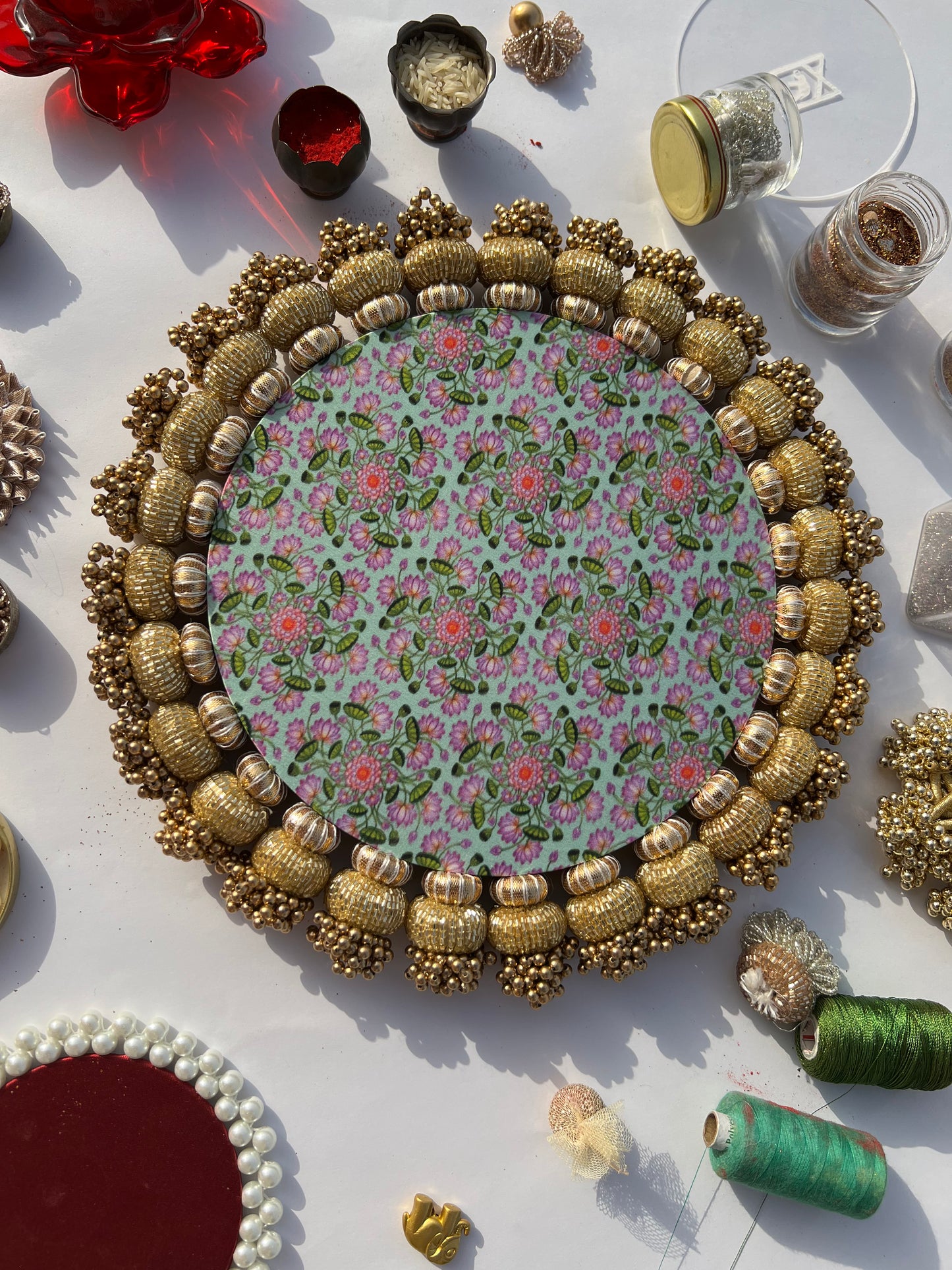 Flat Gota Chaandbali Maroon Navratna Patola & Pastel Pistachio Inflorescence Divine Pichwai Rangoli Media 1 of 4