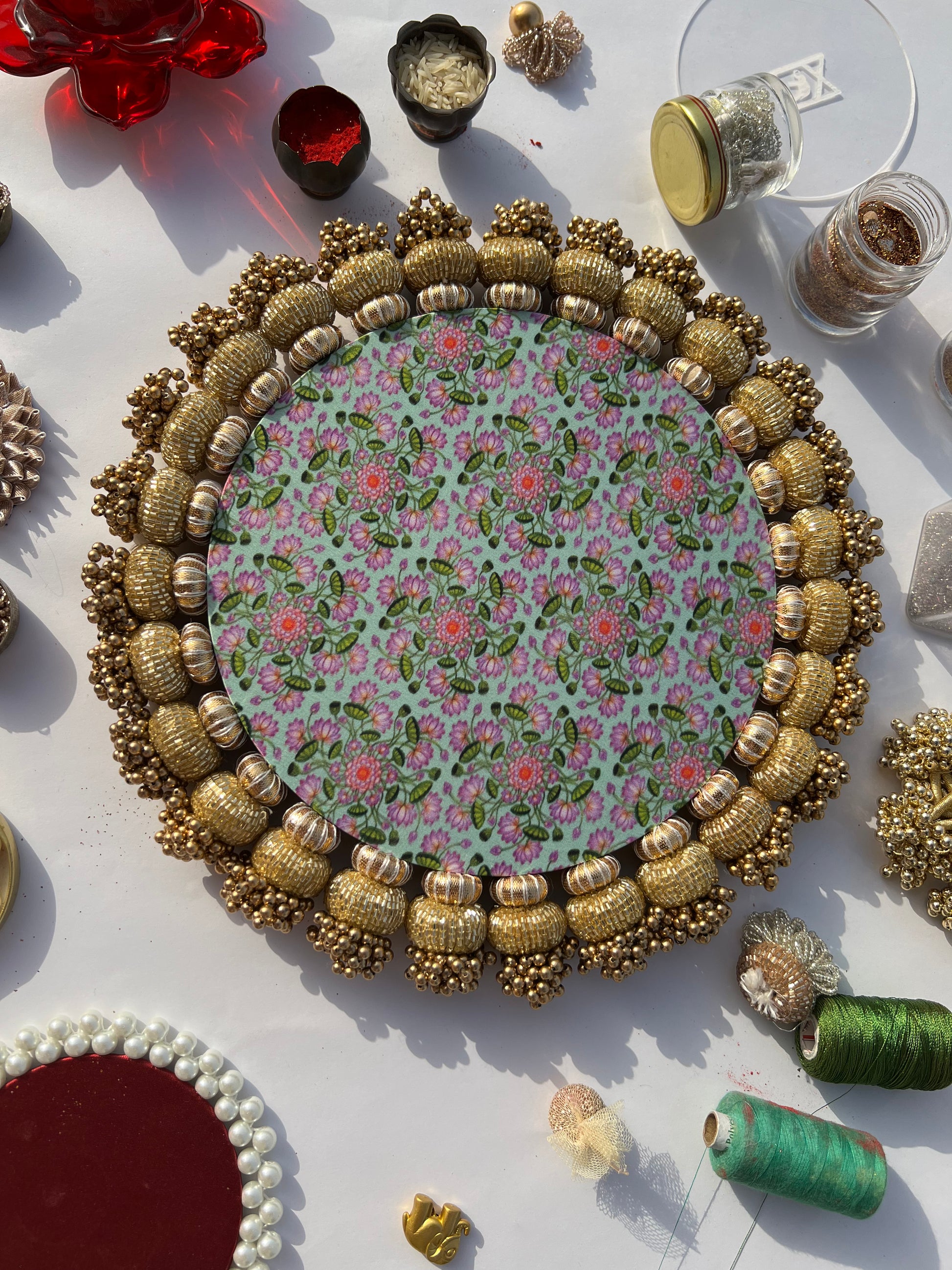 Flat Gota Chaandbali Maroon Navratna Patola & Pastel Pistachio Inflorescence Divine Pichwai Rangoli Media 1 of 4