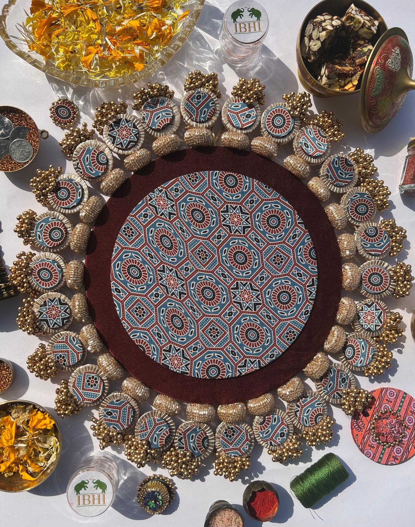 Ajrakh + Pastel Pistachio Inflorescence Divine Pichwai Glass Rhapsody Lumba Rangoli