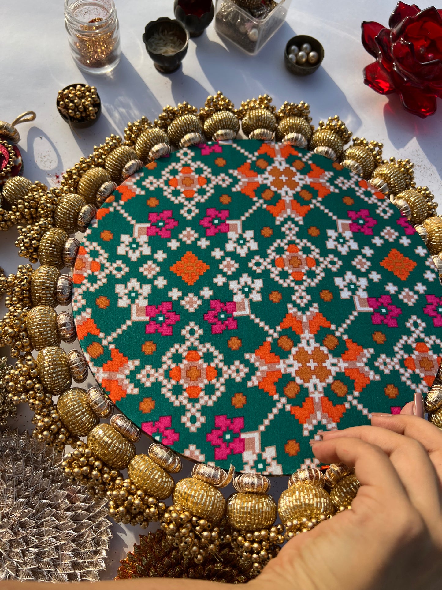 OM  Motif Pallet + Hanging: OG Inflorescence & Bottle Green Navratna Patola