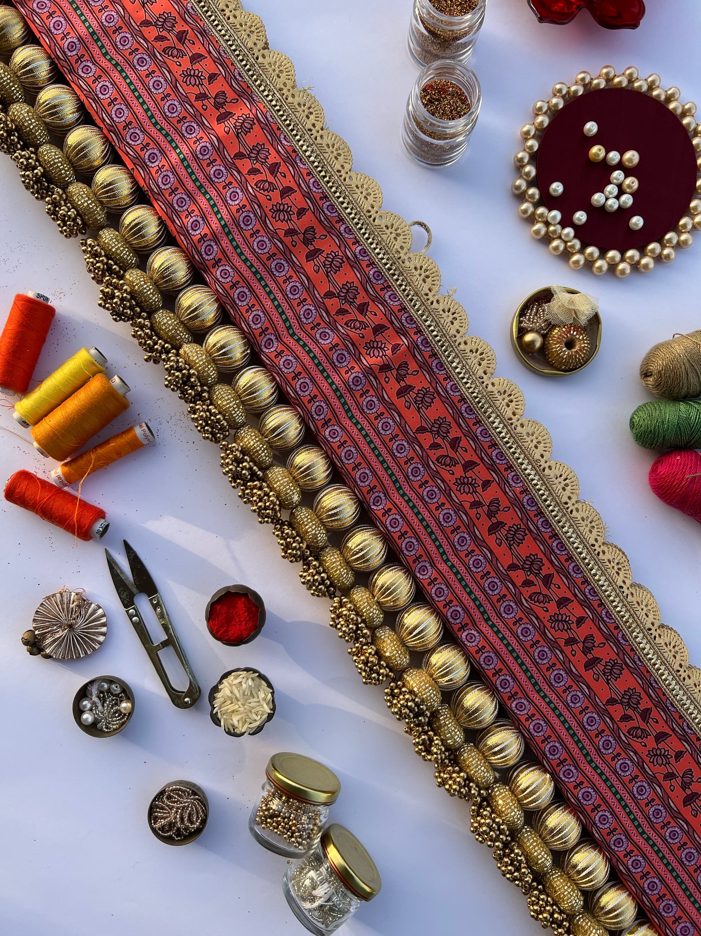 Vermillion Pichwai and Pink Navratna Patola Tasseled Toran