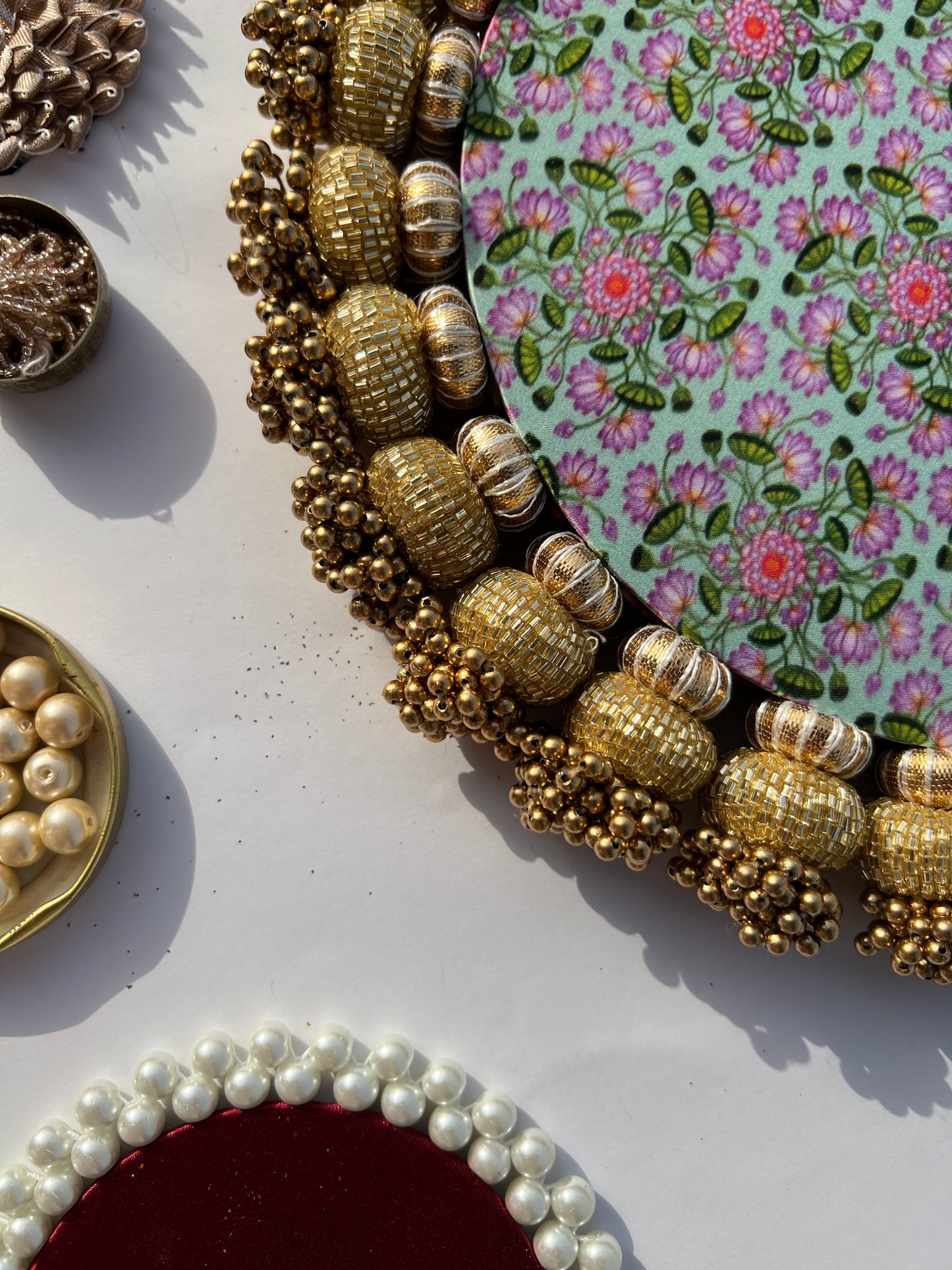 Flat Gota Chaandbali Maroon Navratna Patola & Pastel Pistachio Inflorescence Divine Pichwai Rangoli Media 1 of 4