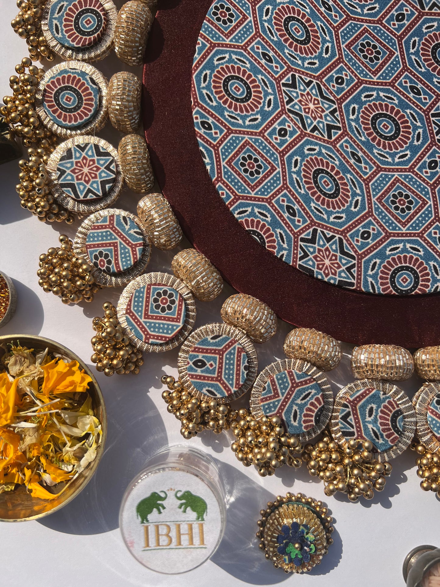 Ajrakh + Pastel Pistachio Inflorescence Divine Pichwai Glass Rhapsody Lumba Rangoli