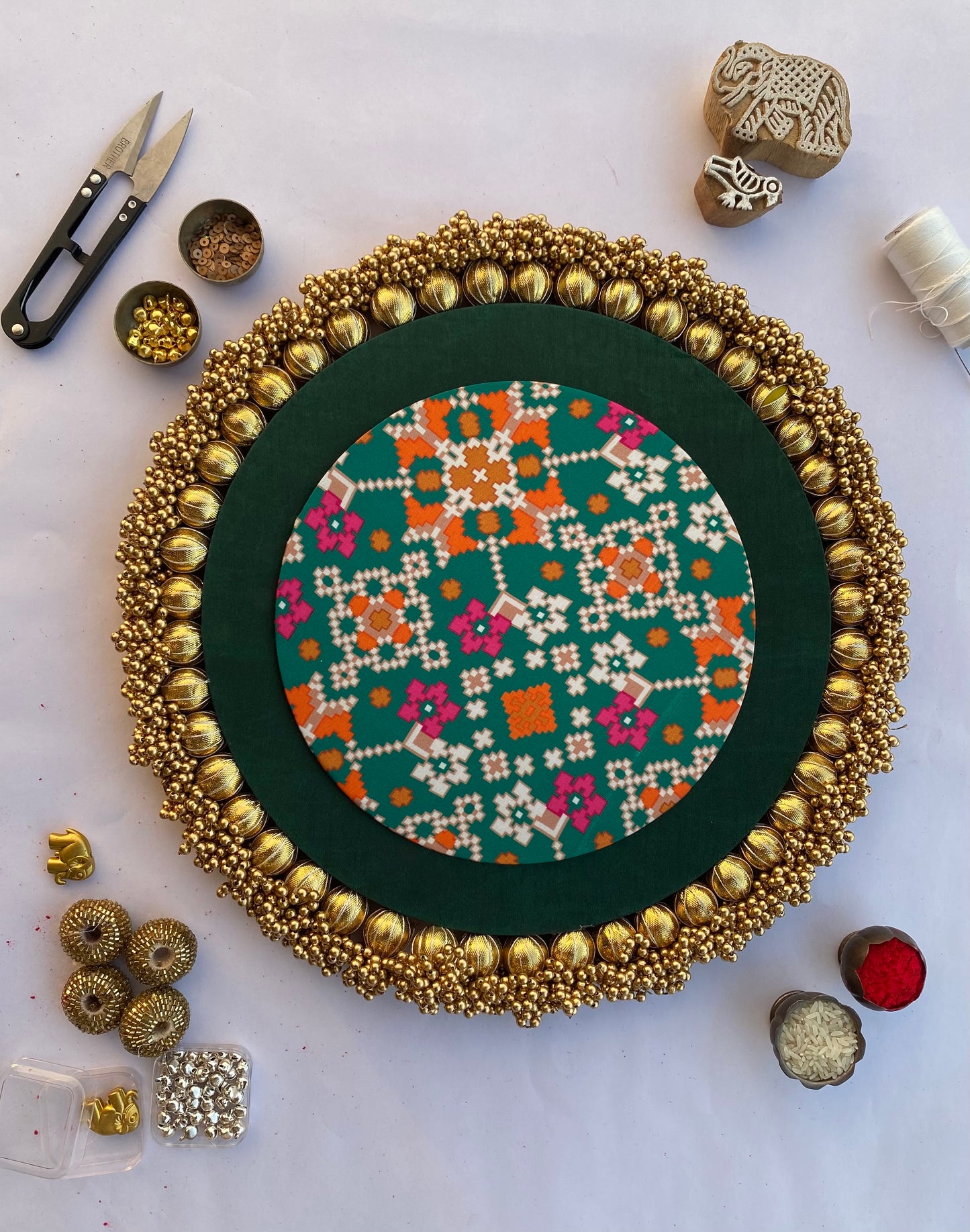Bottle Green & Pink Navratna Patola Classic Invitation Ensemble - IBHI