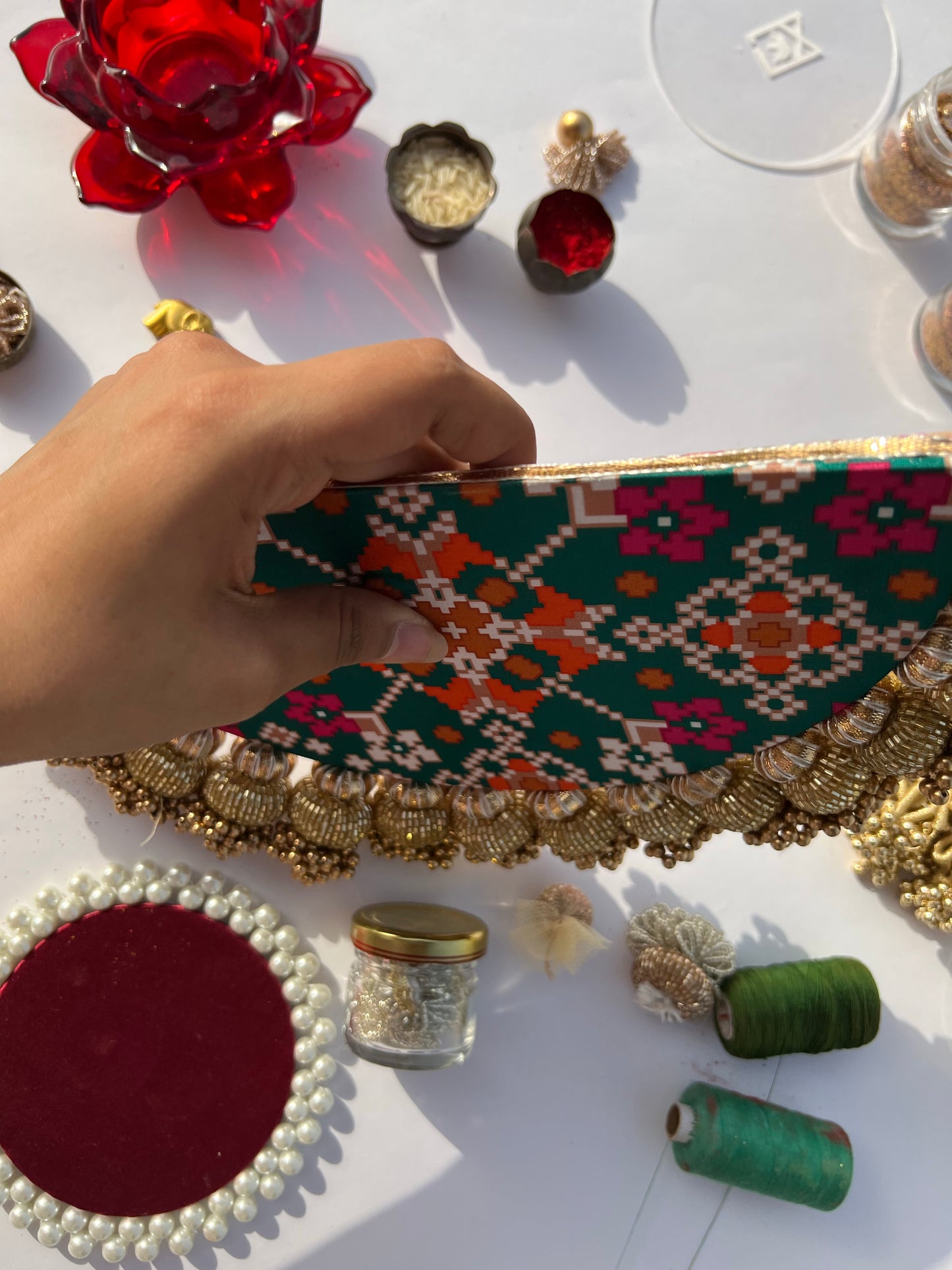 Chandbaali Bottle Green Patola and Inflorescence Pichwai Tasseled Arc Rangoli
