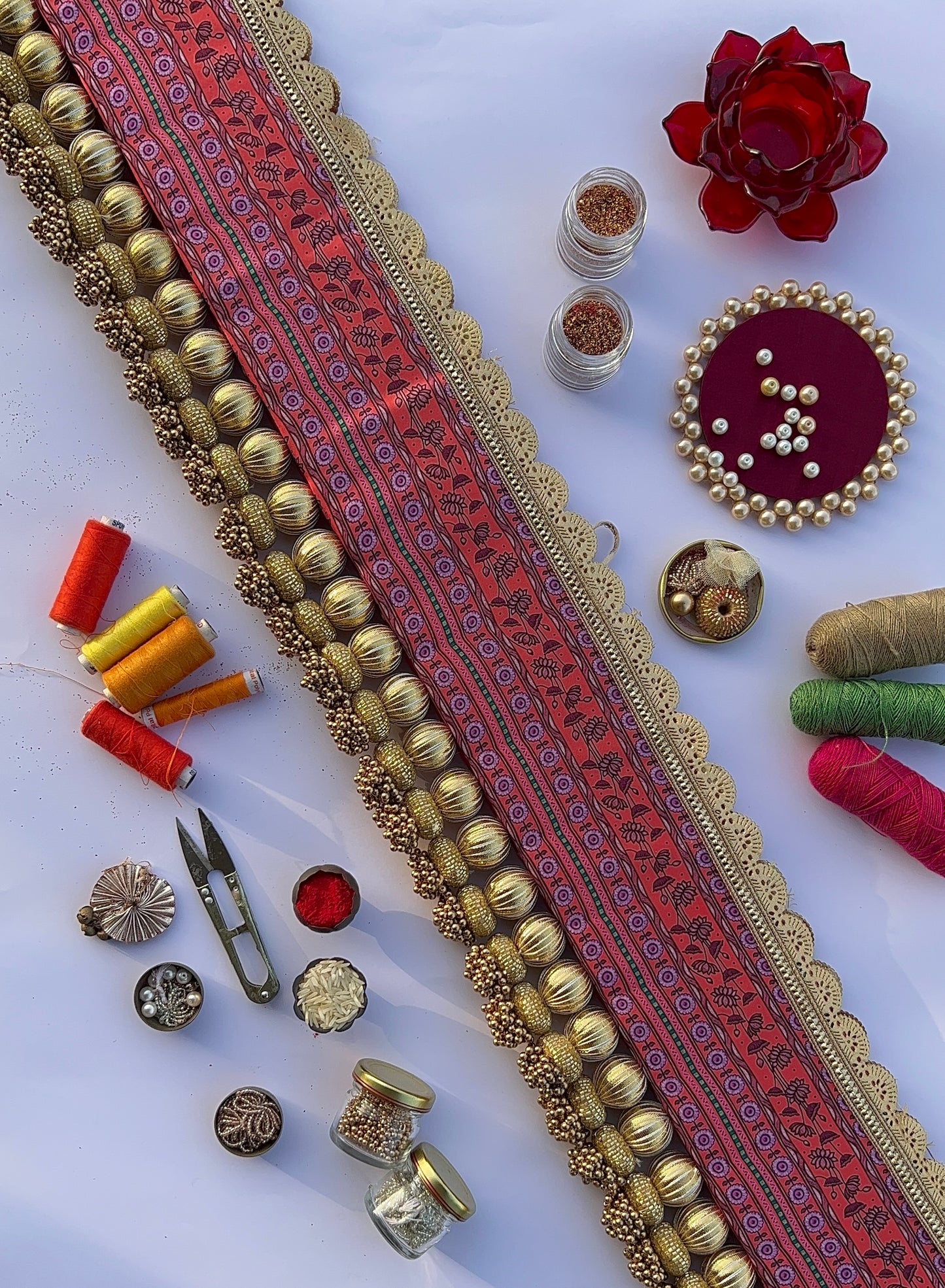 Vermillion Pichwai and Pink Navratna Patola Tasseled Toran