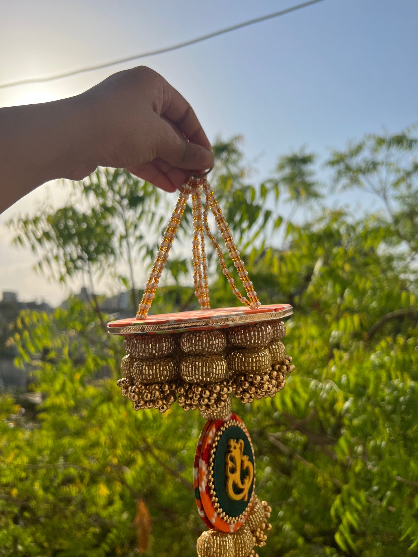 Golden Yellow Navratna Patola Ganesh Pearl Hanging