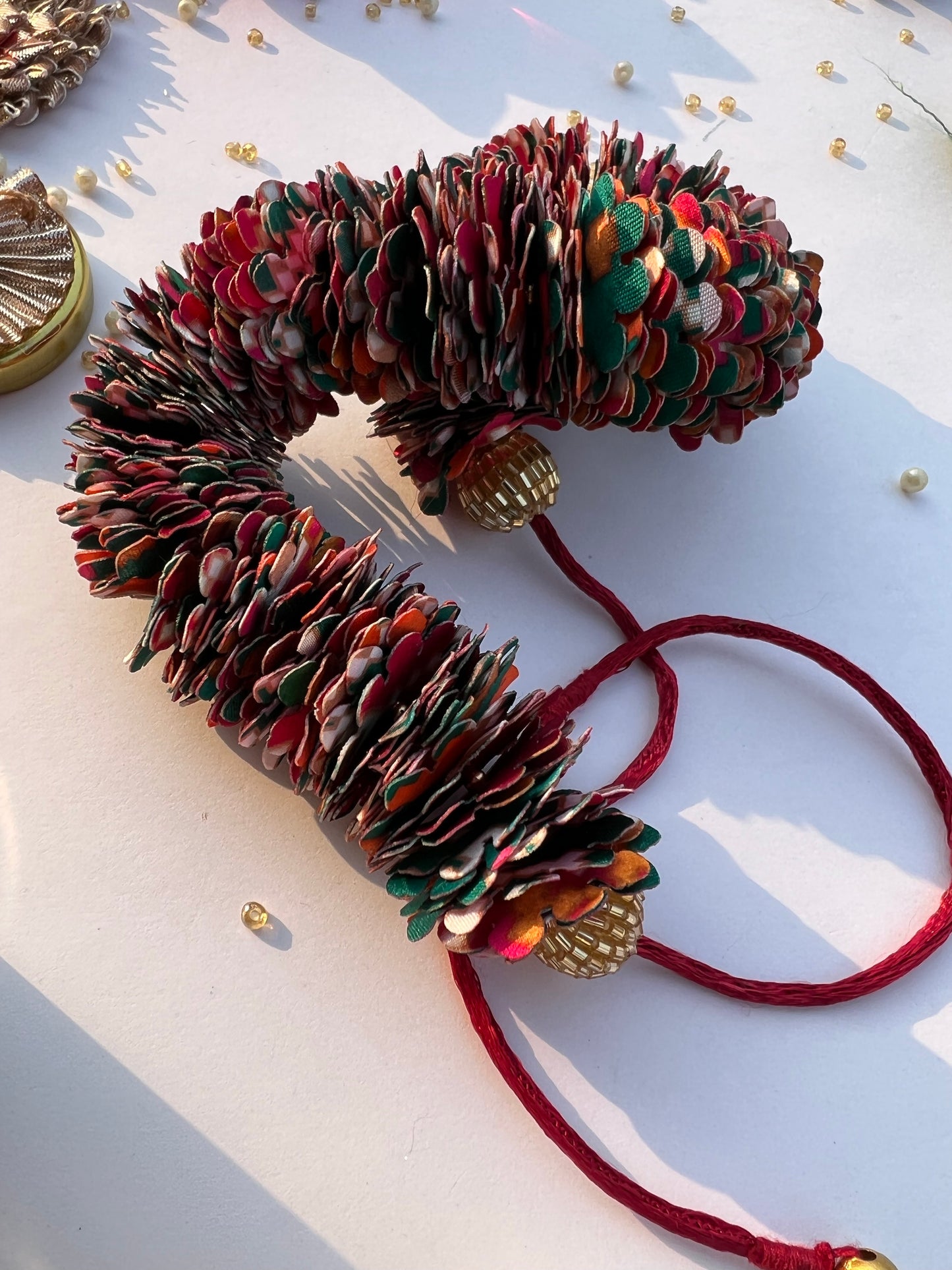 Pink & Bottle Green Navratna Patola Gajra- FLOWER GARLAND FOR HAIR