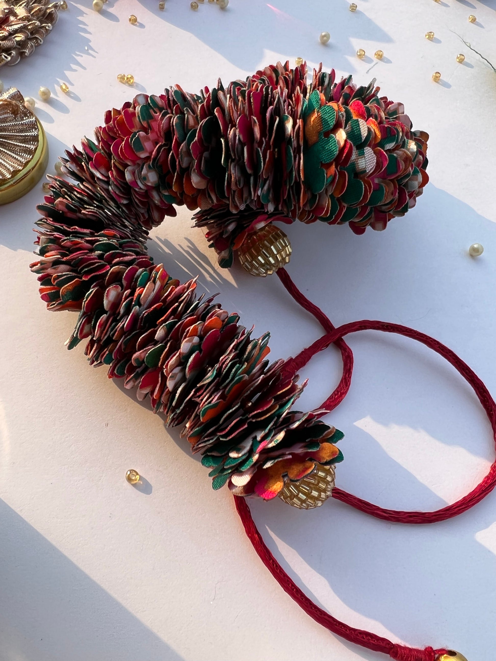 Pink & Bottle Green Navratna Patola Gajra- FLOWER GARLAND FOR HAIR