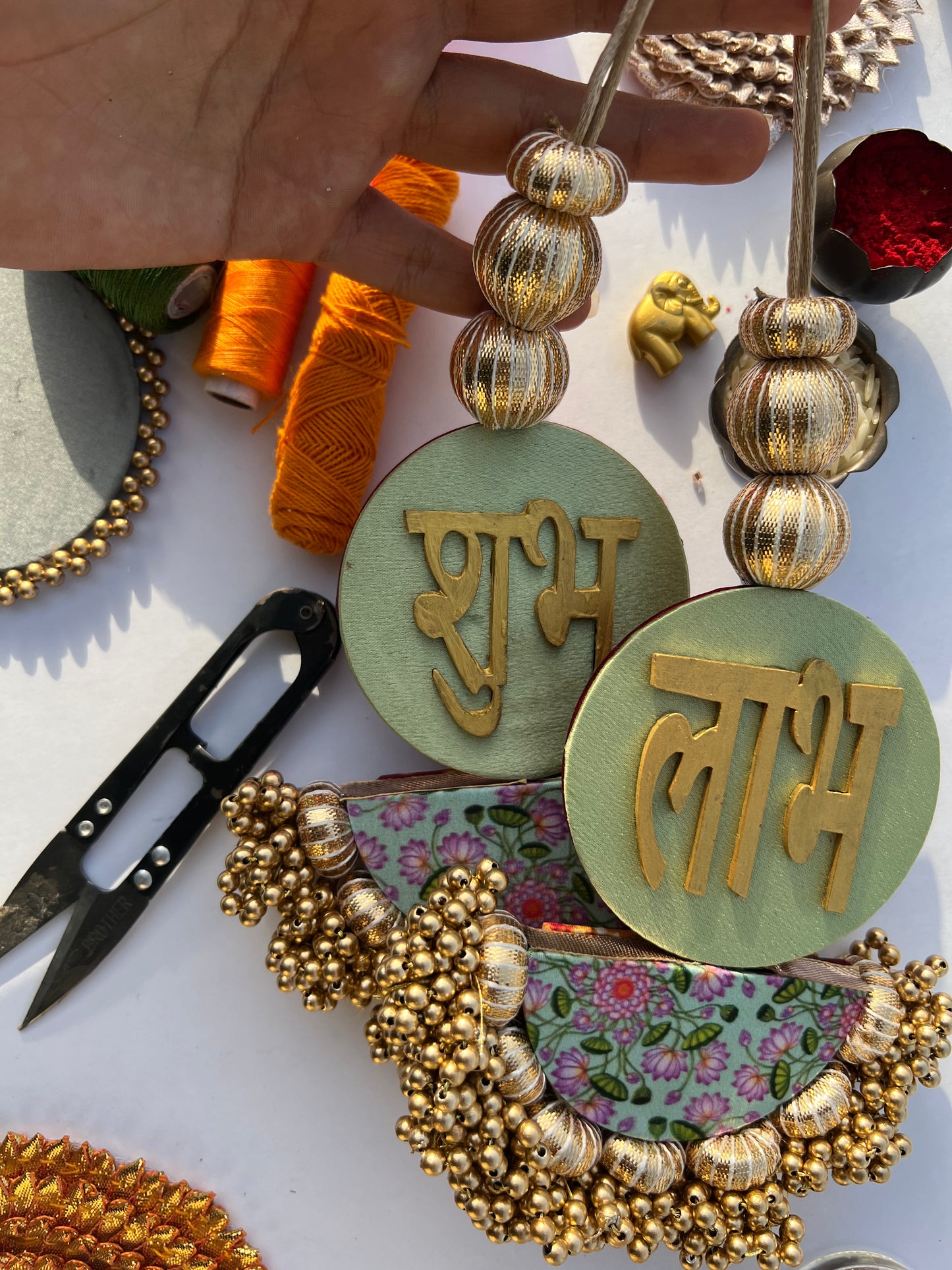 Arc Shubh Labh: Pastel Pistachio & Maroon Navratna Patola