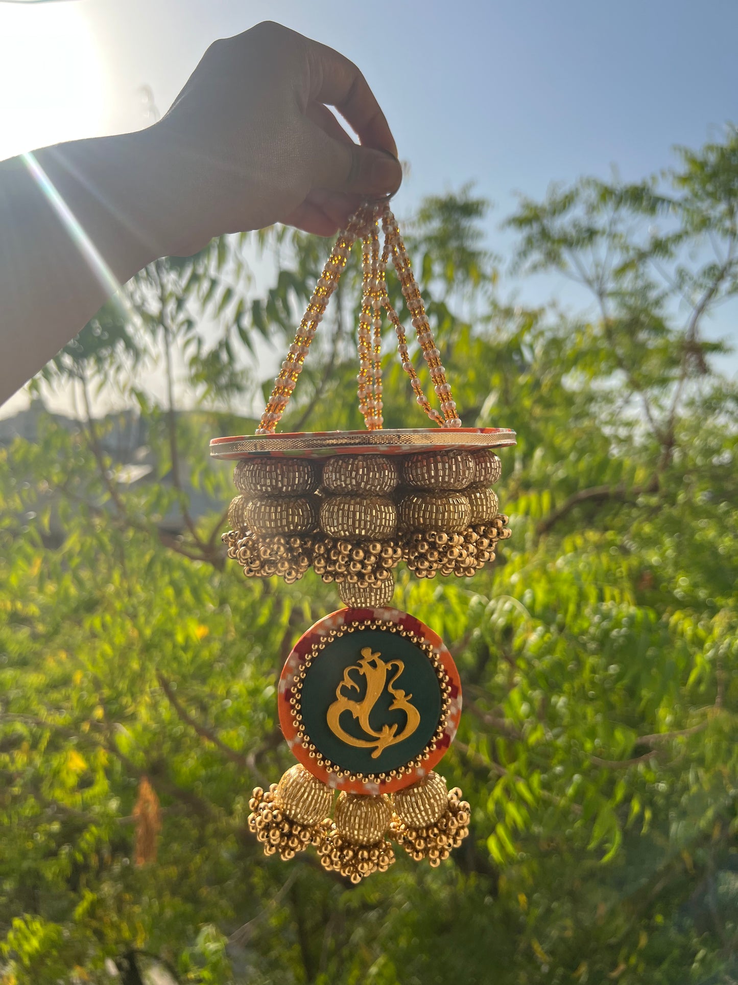 Golden Yellow Navratna Patola Ganesh Pearl Hanging