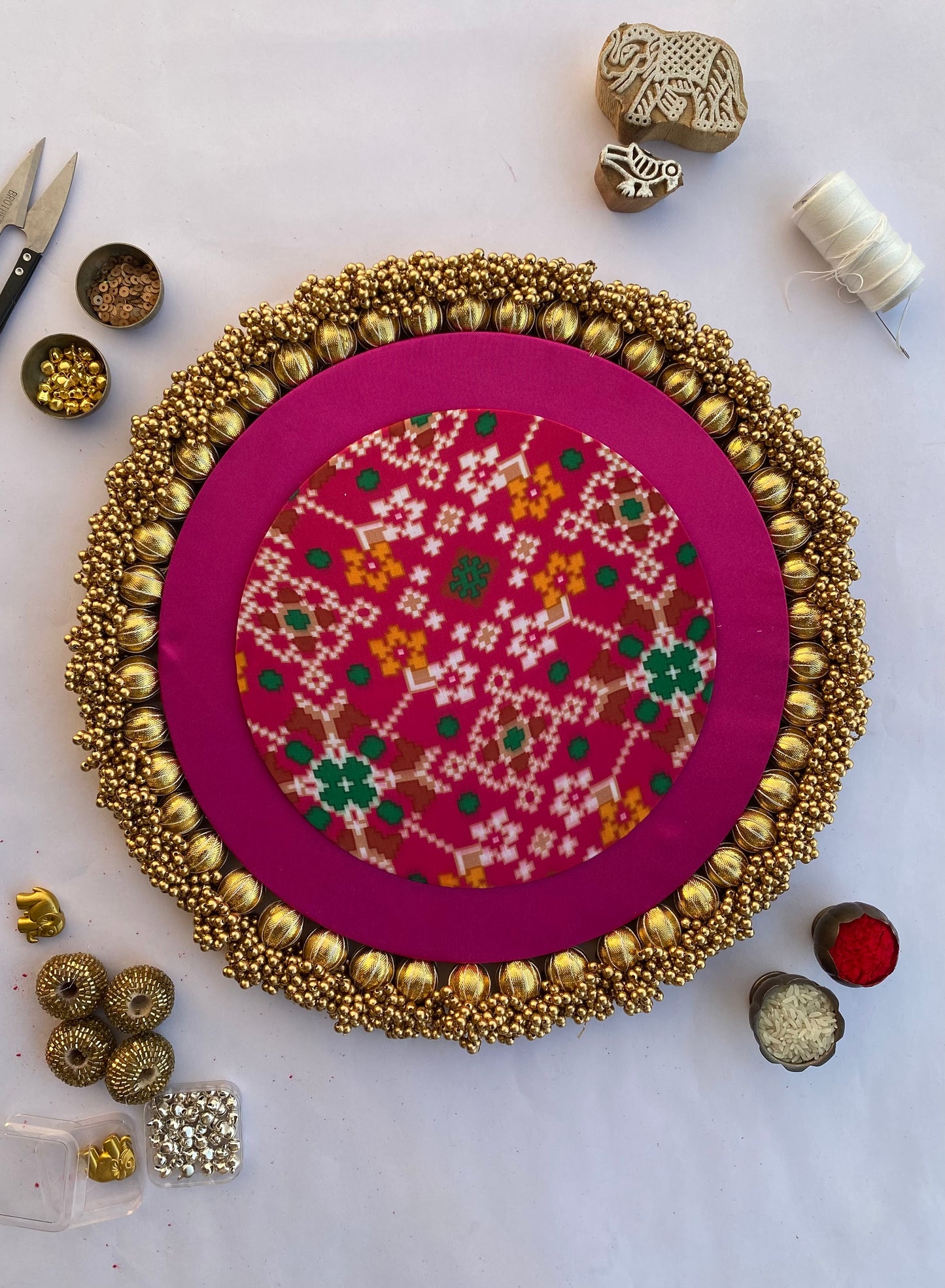 Bottle Green & Pink Navratna Patola Classic Invitation Ensemble - IBHI