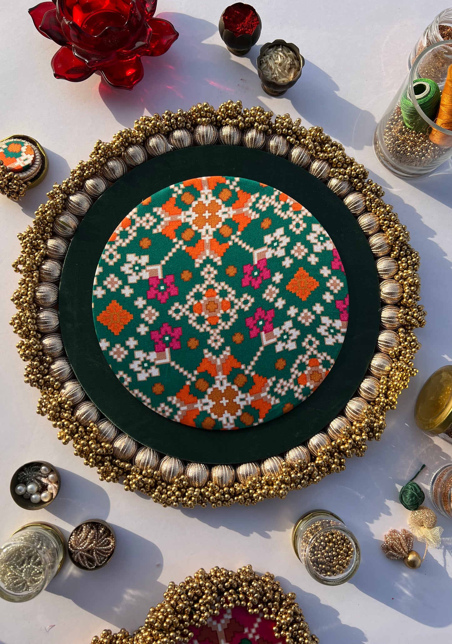 CANNOT NOT LIKE Bottle Green & Pink Navratna Patola Ensemble