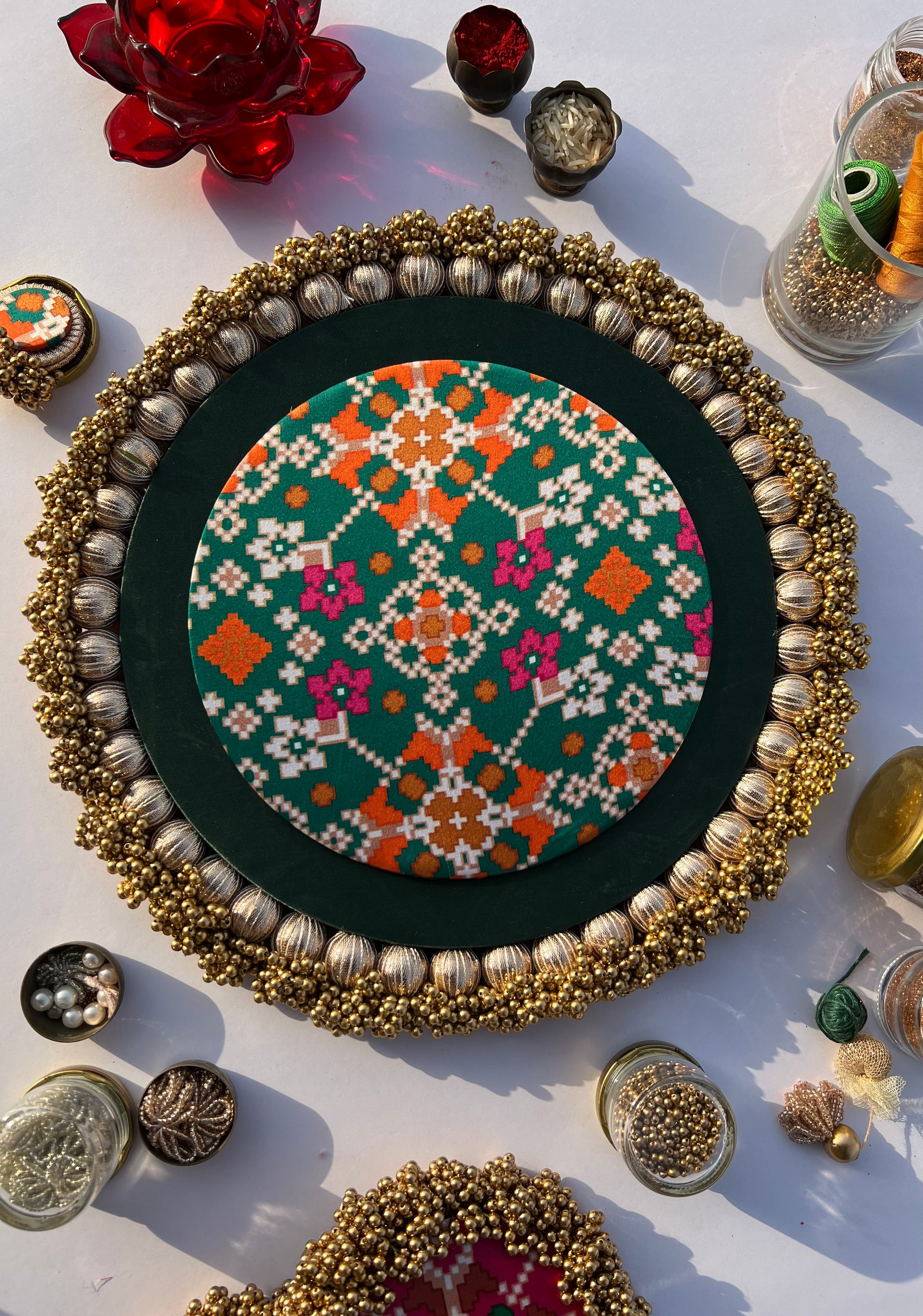 CANNOT NOT LIKE Bottle Green & Pink Navratna Patola Ensemble