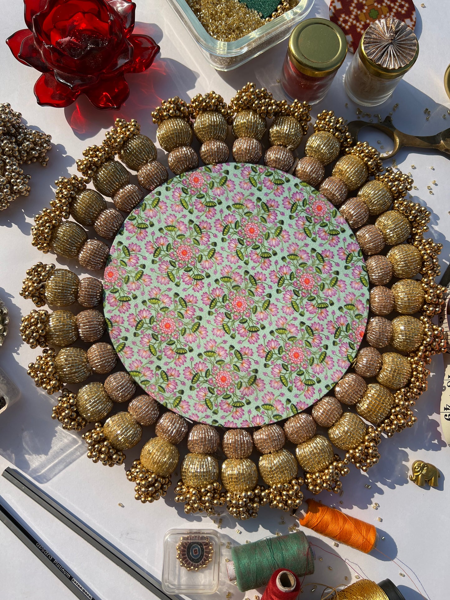 Spherical Chaandbali Pastel Pistachio Inflorescence Divine Pichwai and Pink Navratna Patola Rangoli
