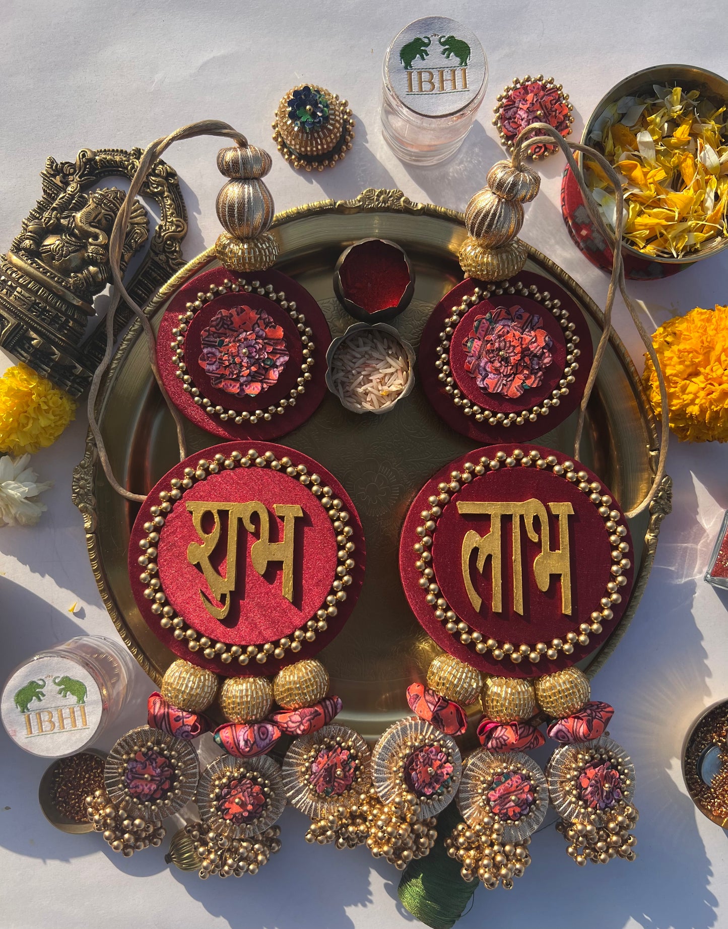 Vermillion Congruous Divine Pichwai Shubh Labh Floral Danglers