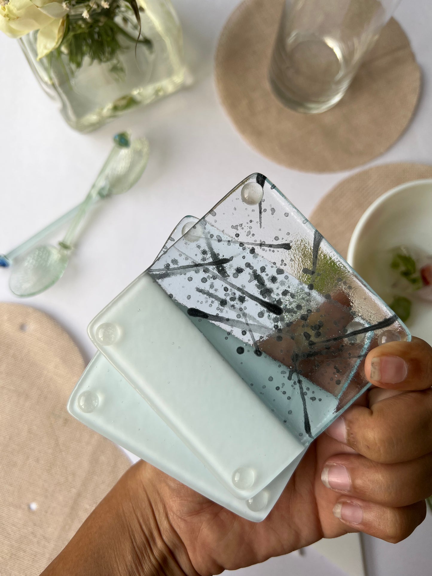 Even-steven Splash & Solid Milk White Fused-Glass Coasters