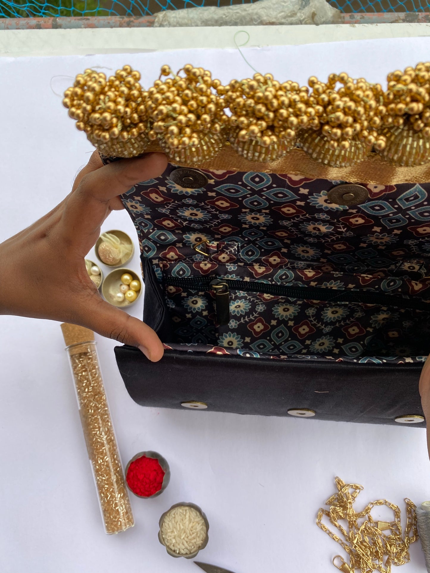 Set of 3 Micro Beaded Clutch X Solid Complimenting Silk