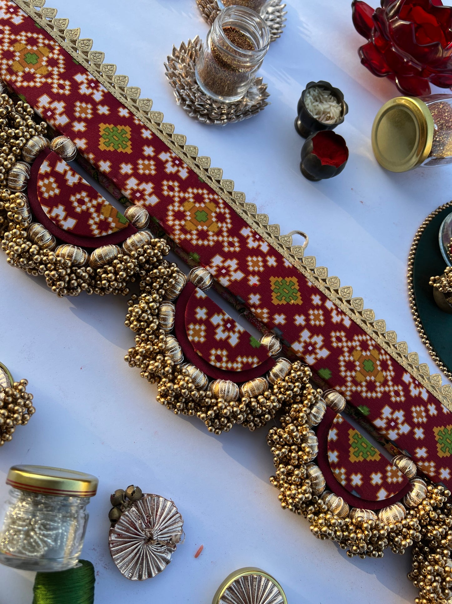 THE SLEEK: Maroon Navratna Patola and Inflorescence Divine Pichwai Classic Arc Toran