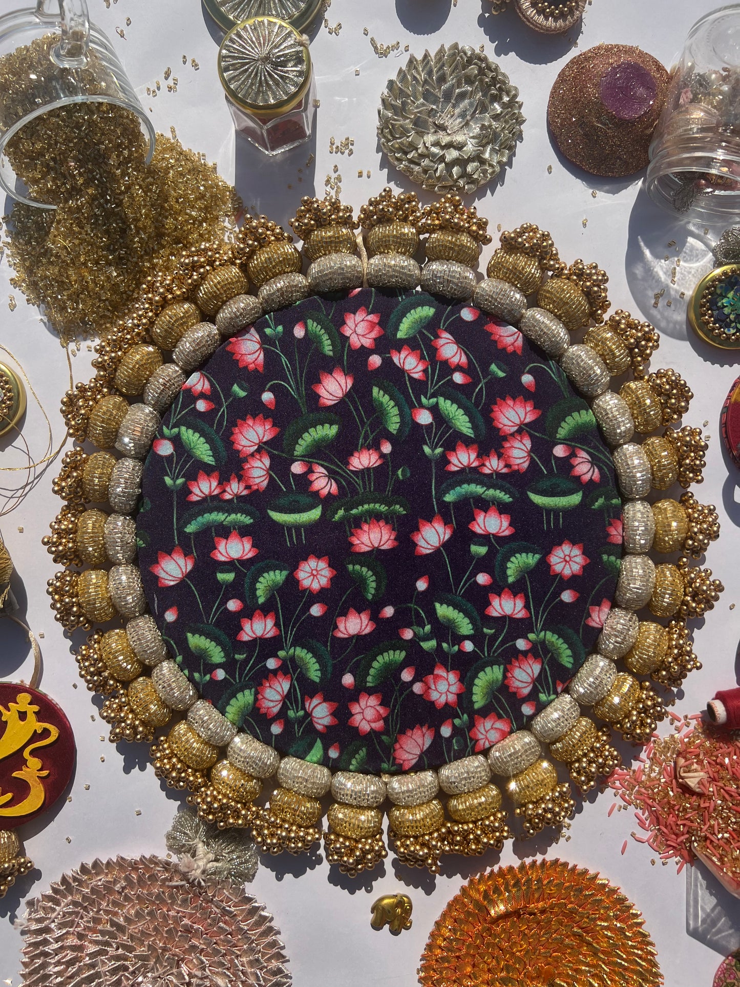 Mandala X Solid Bottle Green + Pink Colloquial Dvine Pichwai Chaandbaali Rangoli
