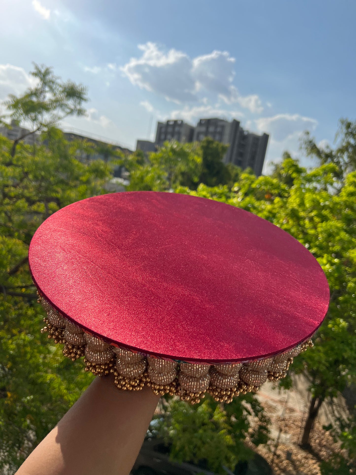 Vermillion Congruous Divine Pichwai + Solid Maroon Dangler Platter (Large)