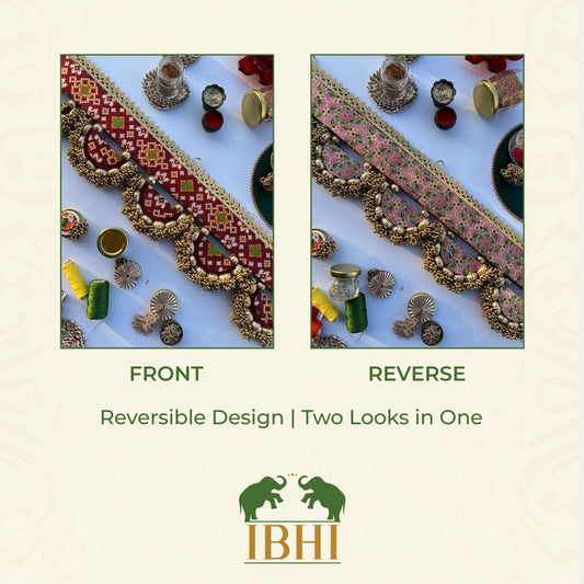 THE SLEEK: Maroon Navratna Patola and Inflorescence Divine Pichwai Classic Arc Toran