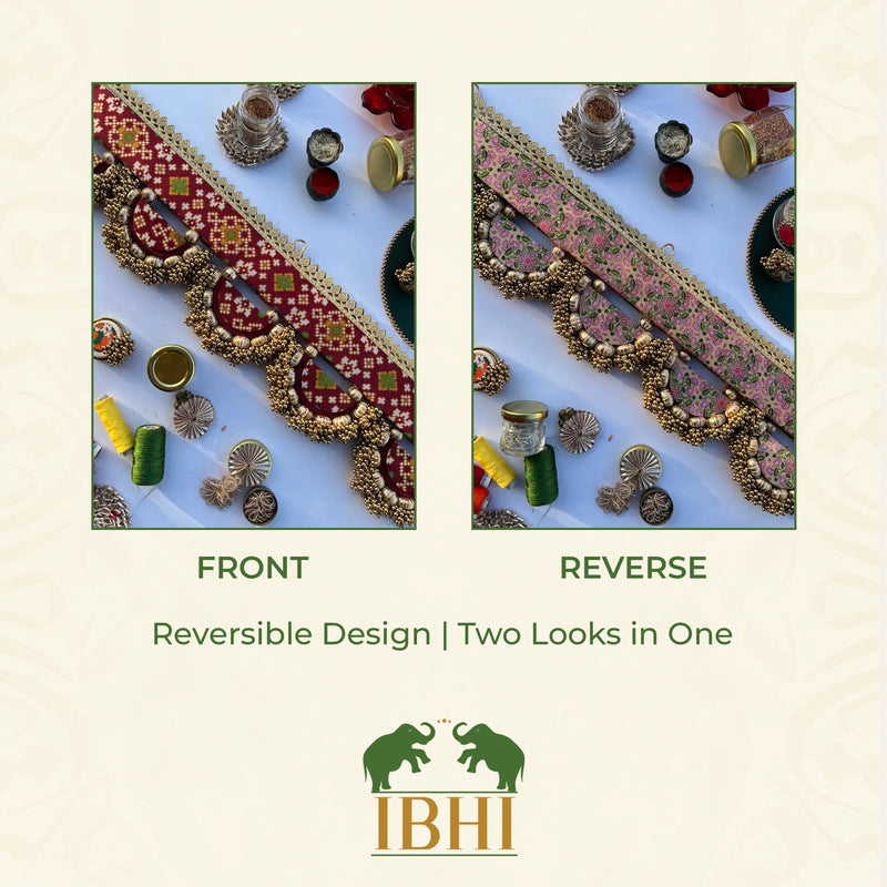 THE SLEEK: Maroon Navratna Patola and Inflorescence Divine Pichwai Classic Arc Toran