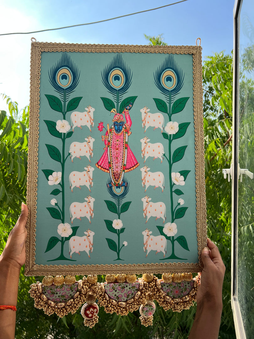 Large Shrinathji Backdrop: Pastel pistachio Pichwai