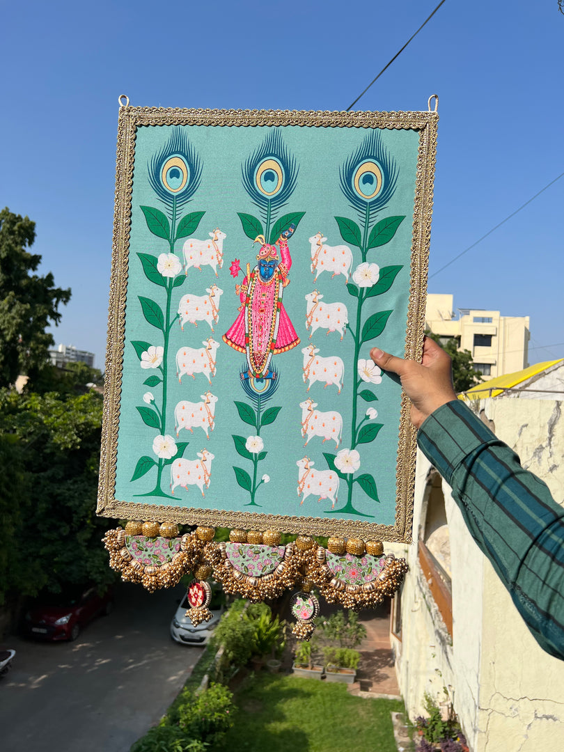Large Shrinathji Backdrop: Pastel pistachio Pichwai