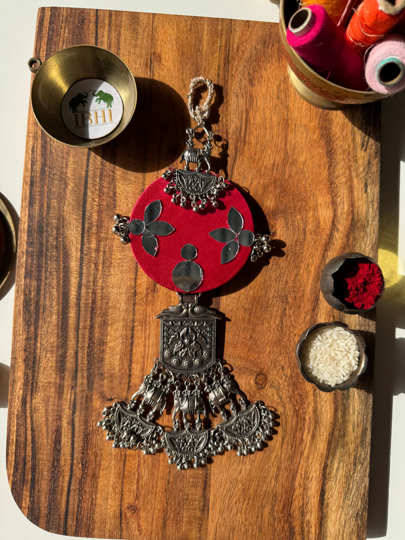 RoopChandrika handmade wall hanging by IBHI with oxidised jewellery and mirror work on silk, 9x4 inch, convertible into a key-holding jhudo

